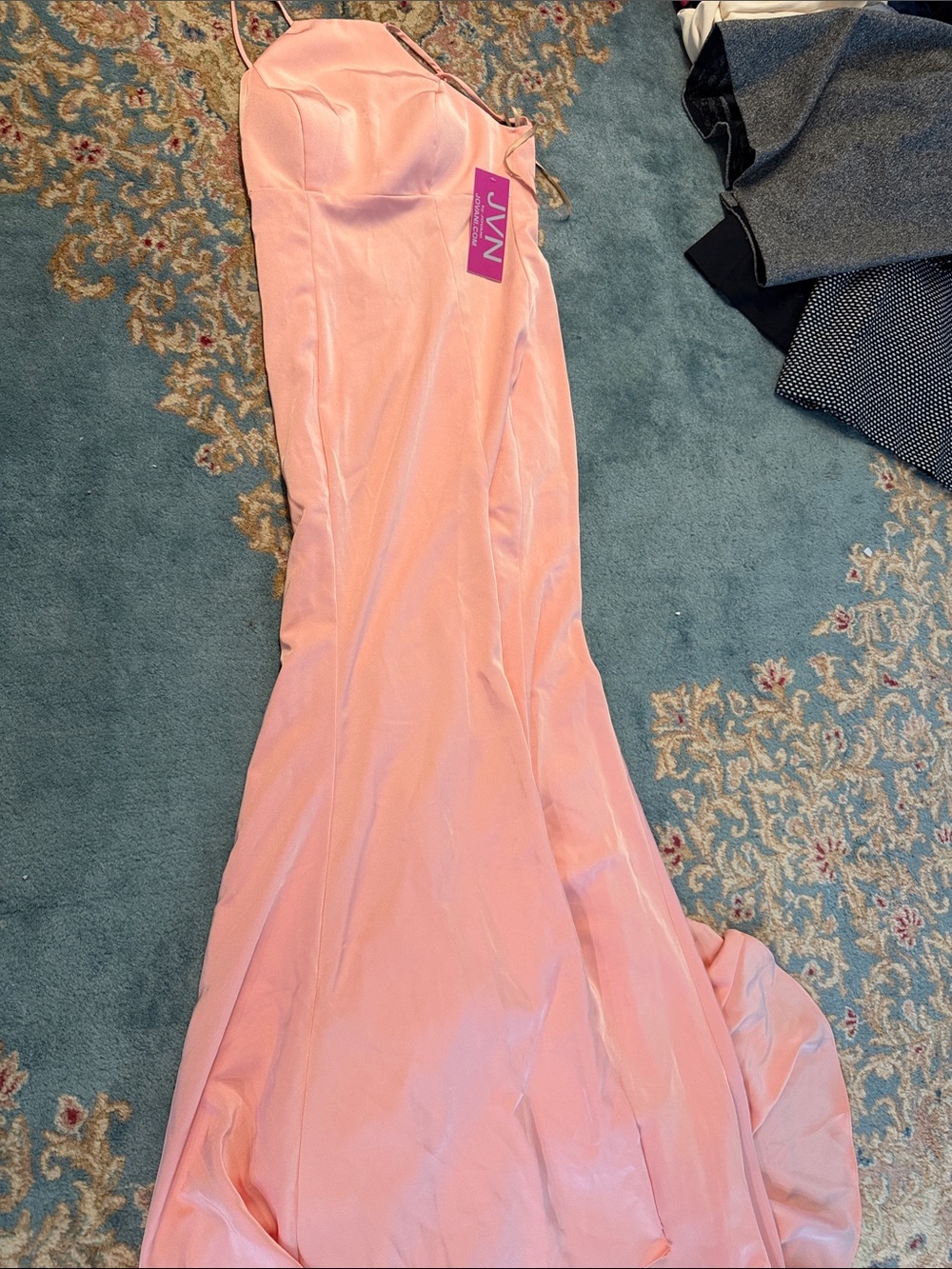 JVN Pink Satin Spaghetti Strap Evening Gown